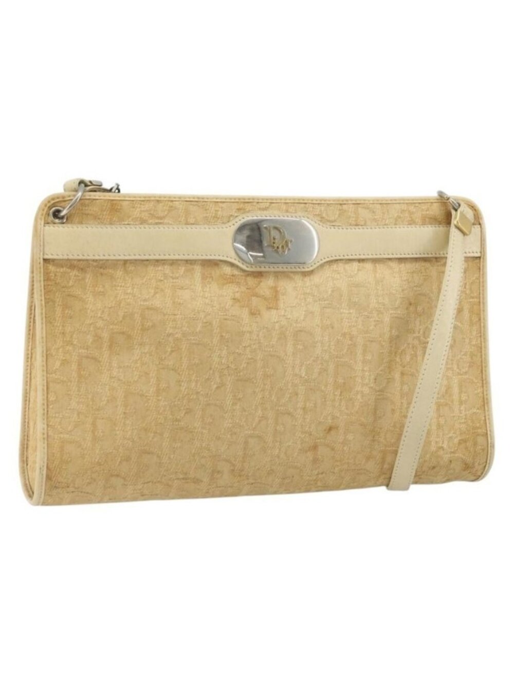 Authentic Christian Dior Trotter Canvas Shoulder Bag Beige Gold
